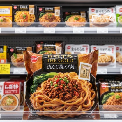 セブンイレブンの冷凍ケースに陳列された「日清中華 THE GOLD 汁なし担々麺」のパッケージ。背景には他の冷凍麺商品もぼんやりと見える。