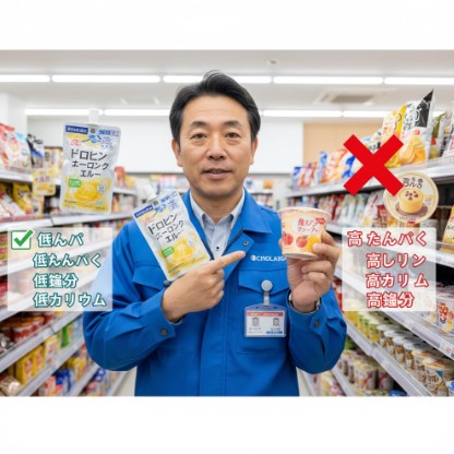 コンビニのお菓子売り場で、腎臓病患者におすすめの低たんぱくゼリー飲料と、避けるべき高たんぱく・高リン・高カリウムのお菓子(プリンや乳製品)を比較して説明する日本人男性店長。