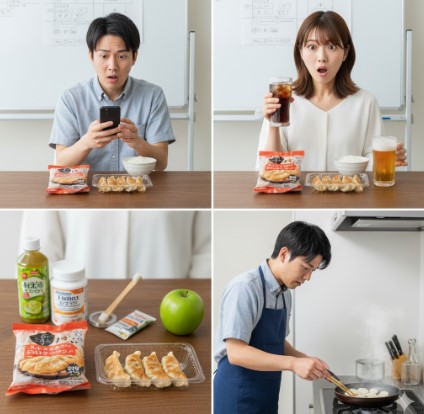 スマートフォンで冷凍餃子の口コミを見て驚く男性と、ビールと共に冷凍餃子を楽しむ女性。食後の臭い対策グッズと、フライパンで餃子を焼く男性の4分割イメージ