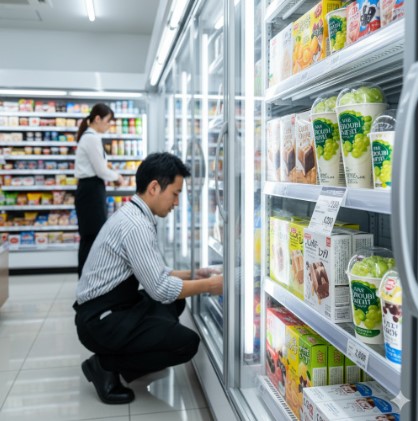 コンビニエンスストアの冷凍ケースの前で商品を補充する日本人男性店員。透明な扉の冷凍庫には、シャインマスカットパフェを含む様々な冷凍食品やアイスクリームが陳列されている。