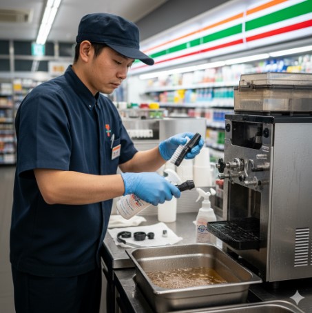 セブンイレブンのバックルームで、青い手袋をはめた日本人男性店員が、スムージーマシンの部品を丁寧に手洗いしている。衛生管理の徹底が伺える。