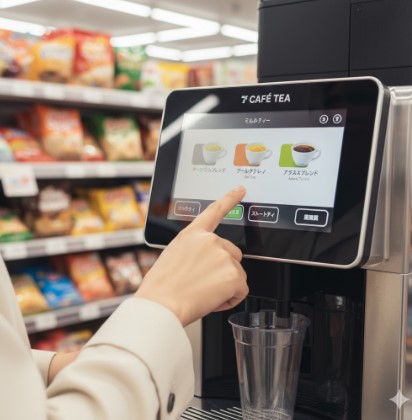 セブンイレブンの紅茶マシンで、日本人の手が液晶画面に表示された「アールグレイ」の茶葉選択ボタンを押している。