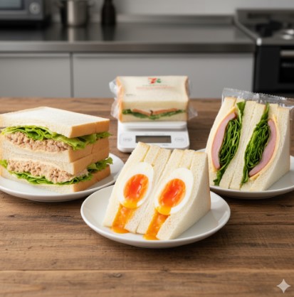 3種類のサンドイッチと、重さを比較するためのキッチンスケールがテーブルに置かれている。