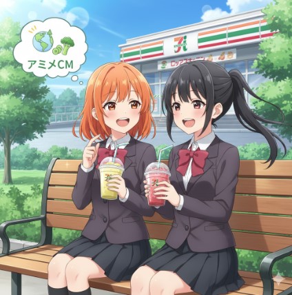 公園のベンチでセブンカフェスムージーを飲みながら談笑する女子高生のアニメキャラクター二人