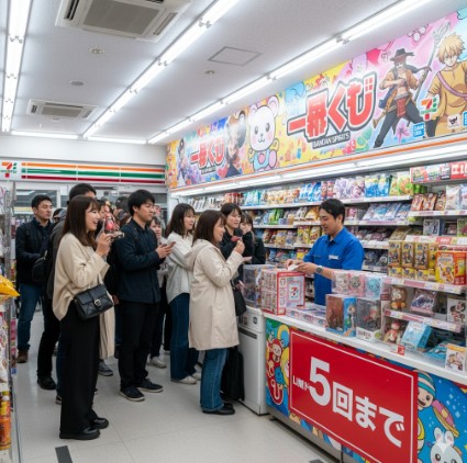 コンビニ店内で一番くじを引くためレジ前に並ぶ人々、壁には一番くじのポスター、レジ前には「お一人様5回まで」の表示