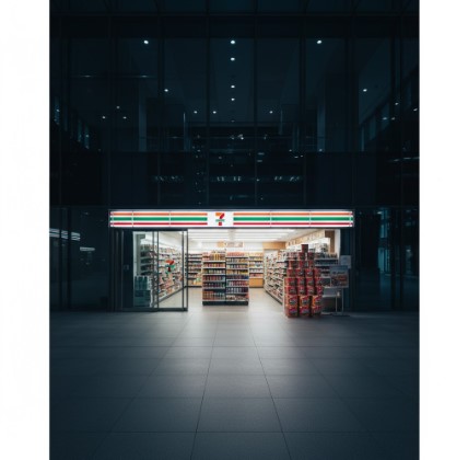 みそきん」在庫の穴場として考えられる、人通りが少ないオフィスビル内にあるセブンイレブンの店舗外観イメージ。