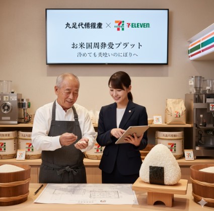 米老舗「八代目儀兵衛」の職人とセブンイレブンの担当者が、米の品質について話し合う様子。背景には「丸足八代目儀兵衛 × セブンイレブン お米刷新プロジェクト」と書かれたモニターがあり、協業による品質向上を表現。
画像5