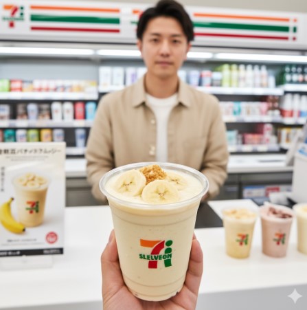 コンビニのカウンターで、バナナとグラノーラがトッピングされたセブンイレブンのバナナミルクスムージーを持つ手。奥には店員と新しいバナナミルクスムージーのポスターが見える。