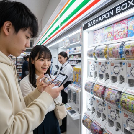 コンビニのガシャポンボックス前で、購入した商品をSNSに投稿している若いカップル。