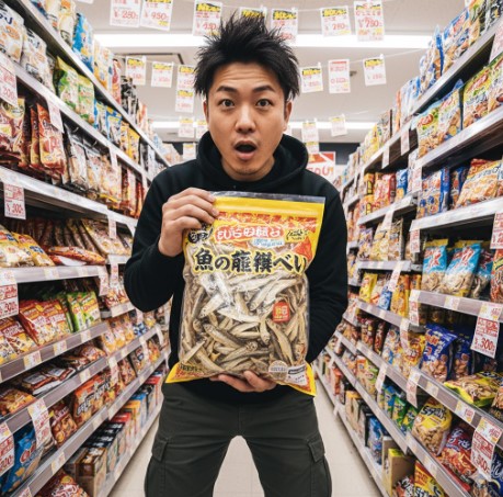 ドン・キホーテの菓子売り場で、「魚の骨撰べい」の大きな袋を両手で持ち、驚いた表情をしている若い日本人男性。