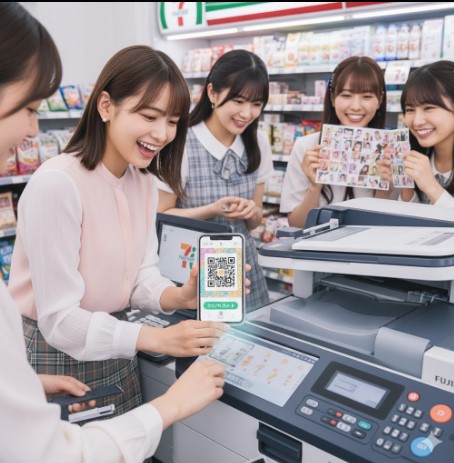 コンビニのマルチコピー機で、シェアプリントアプリのQRコードを読み取ってプリント操作をする日本人女性たち。他のメンバーも笑顔でプリントされた写真を見ている。