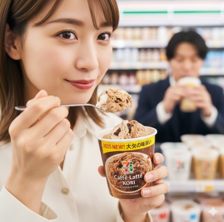 セブンイレブンの店内で、女性が「セブンプレミアム カフェラテ氷」をスプーンで食べ、満足げな表情を浮かべている。背景にはカフェラテを飲む男性もいる。
