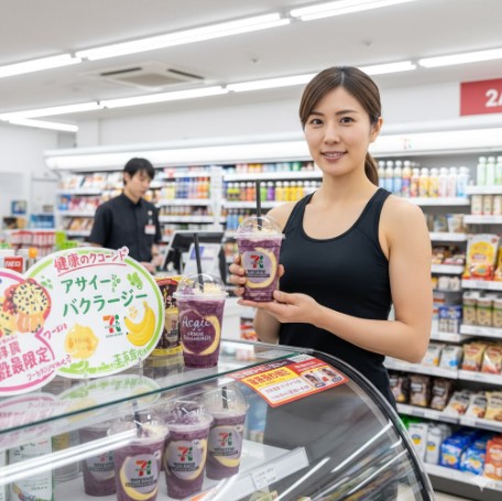 セブンイレブンの店内で、スポーツウェアを着た日本人女性がアサイーバナナスムージーを手に笑顔でカメラを見ている。隣にはアサイースムージーが並べられたショーケースがある。
