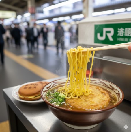 JR姫路駅のホームにある立ち食いそば屋で、「えきそば」が湯気を立てている。箸で持ち上げられた黄色い中華麺と、だしの効いたスープ、天ぷらが食欲をそそる。奥には御座候の回転焼きが皿に乗っている。