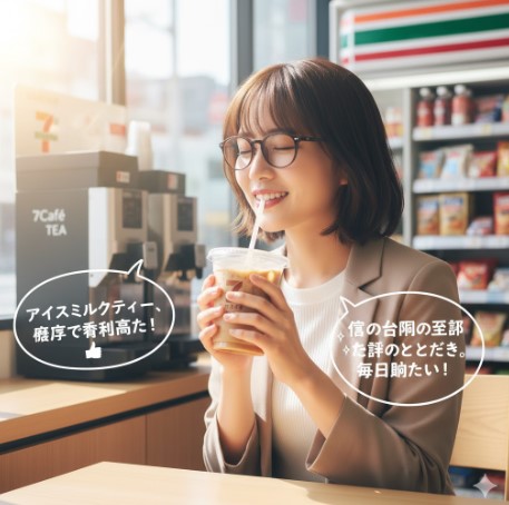 セブンイレブンのイートインスペースで、セブンカフェティーのアイスミルクティーを飲みながら満足そうに微笑む若い日本人女性。周囲には高評価の口コミが吹き出しで表示されている。
