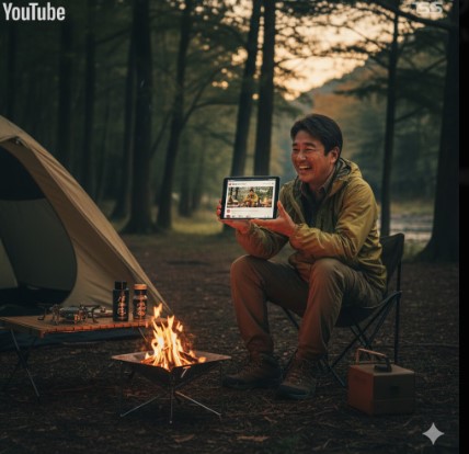 キャンプ場でテントと焚き火を背景に、ソロキャンプを楽しむ日本人男性がタブレットを手に笑顔でいる。タブレットにはYouTubeの動画が表示されており、男性は自身のキャンプ動画を紹介しているようだ。