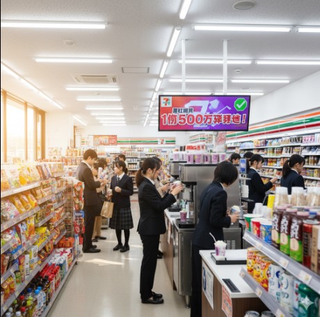 セブンイレブン店内で、スムージーマシンやコーヒーマシンを利用する学生や会社員。上部モニターには累計販売数1億5000万杯突破の表示。