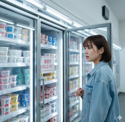 コンビニのアイスクリーム冷凍庫の前で、「SOLD OUT」と書かれた札を見て残念そうな表情を浮かべる日本の若い女性。