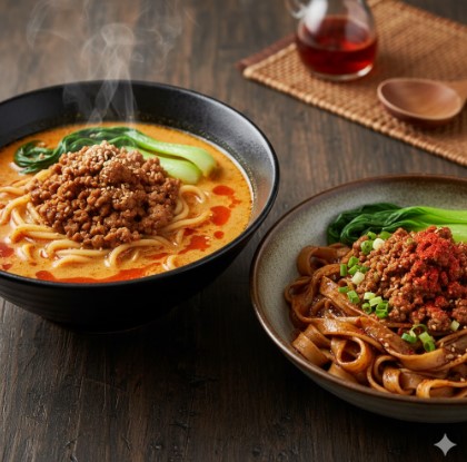 温かそうな「汁あり担々麺」と、麺とタレが絡み合った「汁なし担々麺」が並べて置かれている。それぞれの特徴が視覚的に比較できる。