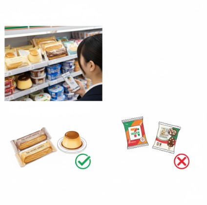 セブンイレブンの店員(店長)が、人気コラボスイーツを顧客に紹介している様子。顧客はどれを選ぶか迷っている。