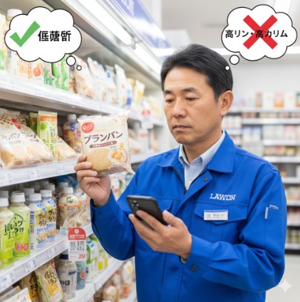 ローソンのパン売り場で、ブランパンのパッケージを見ながらスマートフォンで情報を検索し、低糖質であるものの高リン・高カリウムである可能性について考えている日本人男性店長。