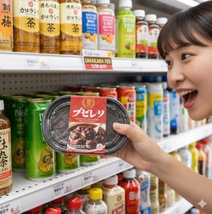 セブンイレブンの飲料棚の前で、日本の若い女性が「旨辛カシミールカレー」と書かれた商品を驚いた表情で手に取っている。