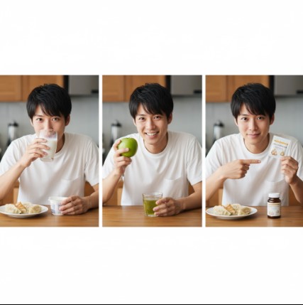 餃子を食べながら牛乳を飲む男性、リンゴと緑茶を持つ男性、消臭サプリメントを紹介する男性の3分割イメージ