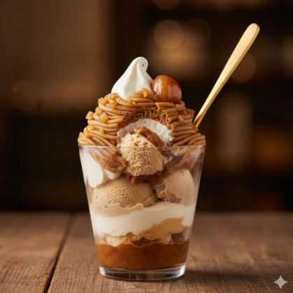 透明なグラスに入ったモンブランパフェ。マロンクリームが渦巻き状に絞られ、上にホイップクリームと栗の甘露煮が飾られている。下層には栗のアイスやソースが見える。