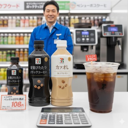 セブンイレブンの店内で、店長がセブンプレミアムのペットボトルコーヒー(ブラック、カフェオレ)とセブンカフェのアイスコーヒーLサイズを並べて比較。手前には電卓があり、コストパフォーマンスを計算する様子を示している。