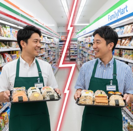 日本人のコンビニ店員2名がそれぞれセブンイレブンとファミリーマートのユニフォームを着用し、両手に複数のおにぎりを乗せたトレイを持っている。2人の間には稲妻が走っている。