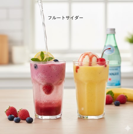 キッチンのカウンターに置かれた2つのスムージードリンク。一つはベリーベースにサイダーを注ぎ、もう一つはマンゴーベースにアイスクリームとチェリーがトッピングされている。