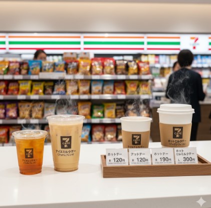 セブンイレブンのカウンターに並べられた、湯気が立つホットとアイスのセブンカフェ紅茶ドリンク。隣に価格が書かれた木製のトレイが置かれている。