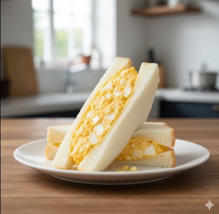 白い皿に盛られた、卵サラダがたっぷり入った美味しそうなたまごサンド。