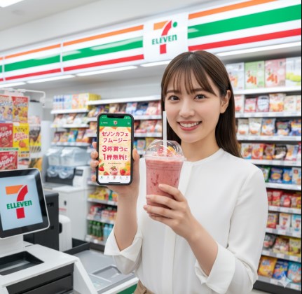 コンビニのレジでセブンカフェスムージーとスマホアプリのクーポン画面を見せる日本人女性