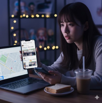 ノートパソコンとスマートフォンの画面にコンビニの行列情報や地図を表示させ、真剣な表情で情報収集をする若い日本人女性