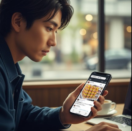 自宅やカフェなどで、スマートフォンを使ってX(旧Twitter)などのSNSで「みそきん」の入荷情報や目撃情報を検索している様子。