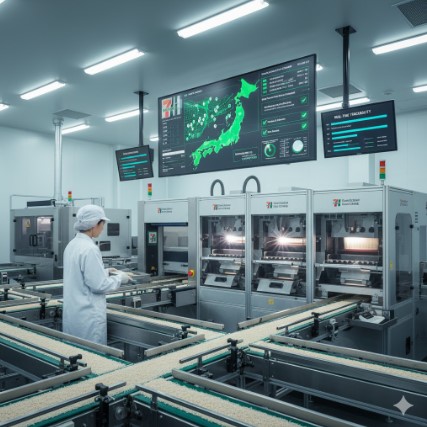 最新鋭の工場で、ベルトコンベアを流れる米を監視する白衣の日本人技術者。上部モニターには米の産地や品質管理データが表示され、厳格なトレーサビリティシステムを表現。