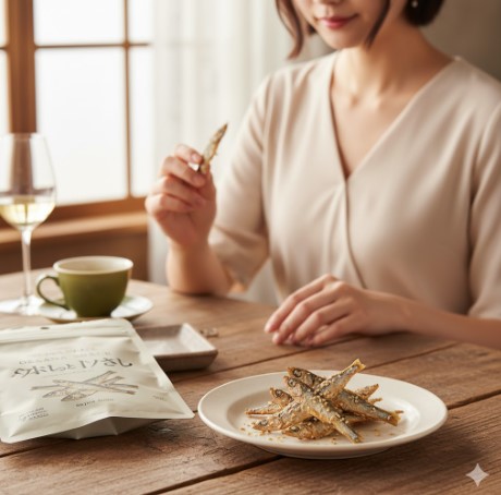木製のテーブルで、成城石井のおさかなスナックを白ワインと一緒に楽しんでいる日本人女性。皿に盛られたいわしせんべいと、パッケージが写っている。