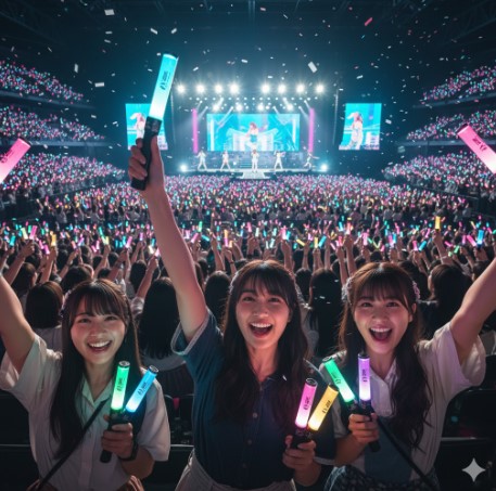 ライブ会場で、NiziUのペンライトを手に満面の笑みでライブを楽しんでいる若い日本人女性のファン。会場は熱気に包まれ、多くのペンライトの光が揺れている。