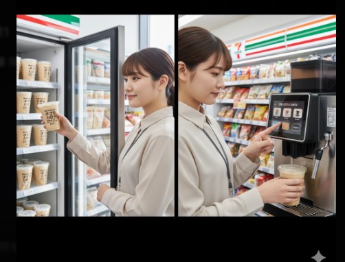 セブンイレブンの店員が、セブンカフェのアイスコーヒーマシンで「軽め・ふつう・濃いめ」のボタンから味を選んでいる。