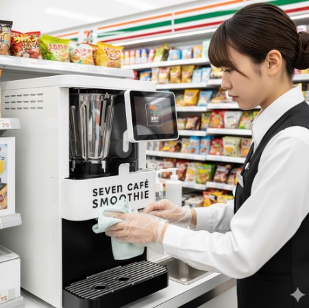 セブンイレブンの店内で、エプロンを着用した日本人女性店員がセブンカフェスムージーマシンを丁寧に清掃している。マシンの画面には「洗浄中」と表示されている。