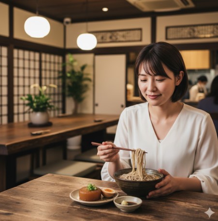 和風の落ち着いた店内で、若い日本人女性が手打ち蕎麦を食べている。テーブルには姫路おでんの皿と生姜醤油の小皿が並べられている。