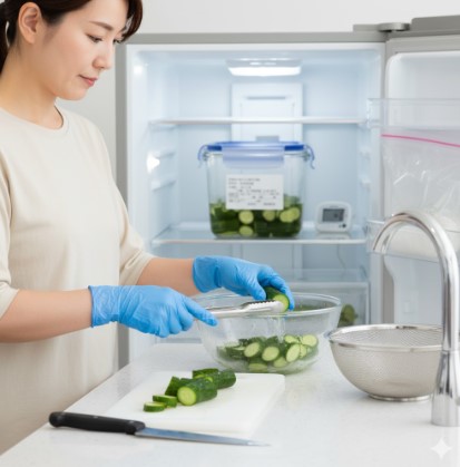 日本人女性が青い手袋を着用し、キッチンでカットされたきゅうりをボウルに入れ、冷蔵庫での衛生的な保存を徹底している様子。