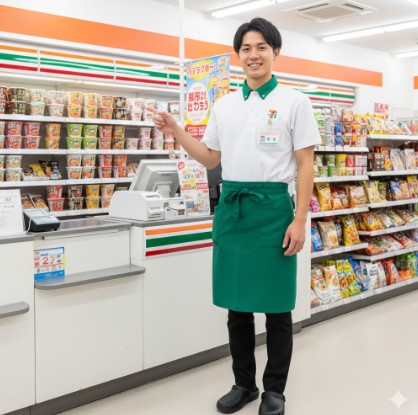 セブンイレブンのレジ前で、貸与された制服を着用し、笑顔で指差しポーズをとる日本人男性スタッフ。