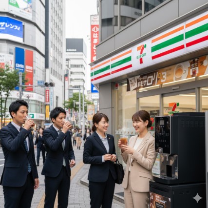 名古屋のオフィス街を背景に、セブンイレブンの店舗で多くのビジネスパーソンがセブンカフェの紅茶を楽しんでいる。