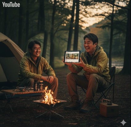 キャンプ場でテントと焚き火を背景に、楽しそうに談笑する2人の日本人男性。一人はタブレットで動画を見せ、もう一人はその様子を見ている。テーブルにはスパイスの瓶が置かれている。