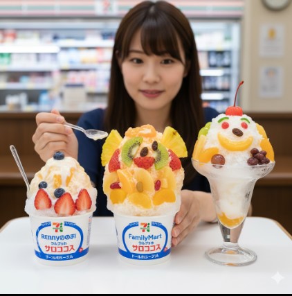 セブンイレブン、ファミリーマート、ローソンの白くまアイスが並べられ、それぞれの特徴を比較している様子。