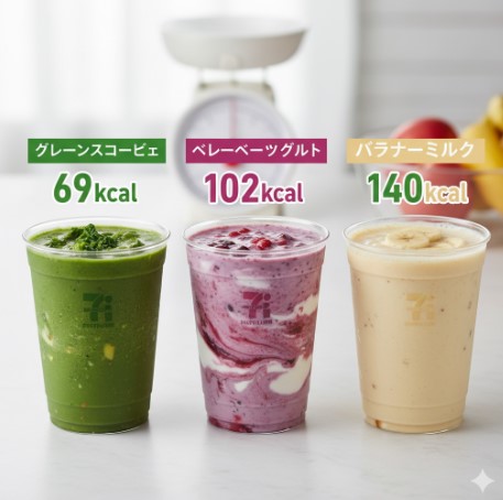 グリーンスムージー（69kcal）、ベリーベリーヨーグルトスムージー（102kcal）、バナナミルクスムージー（140kcal）の3種類のセブンイレブンスムージーと、それぞれのカロリー表示。