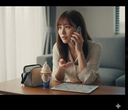 リビングで、スマートフォンの通話中に困惑した表情を見せる日本の女性。手元には地図アプリを表示したタブレットとセブンイレブンのソフトクリーム「金のワッフルコーン マダガスカルバニラ」がある。