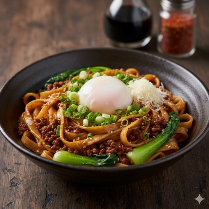 汁なし担々麺に温泉卵、刻みネギ、粉チーズがトッピングされ、見た目も鮮やかで食欲をそそるアレンジが施されている。